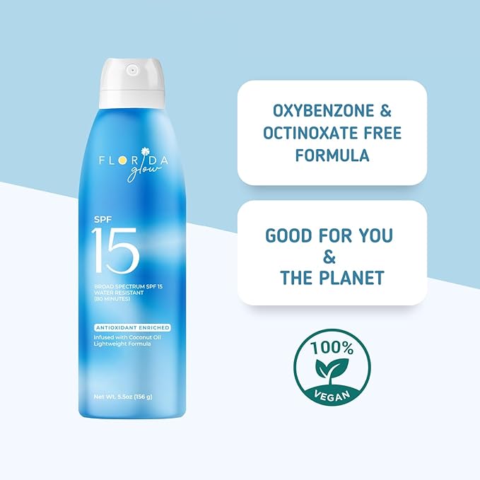 Florida Glow SPF 15 Sunscreen Spray - Hawaii 104 Reef Act & Florida Keys Compliant, Broad Spectrum - Water Resistant, Sport Sun screen - Child Friendly Oxybenzone & Octinoxate Free (5.5 Fl Oz 2-pack)