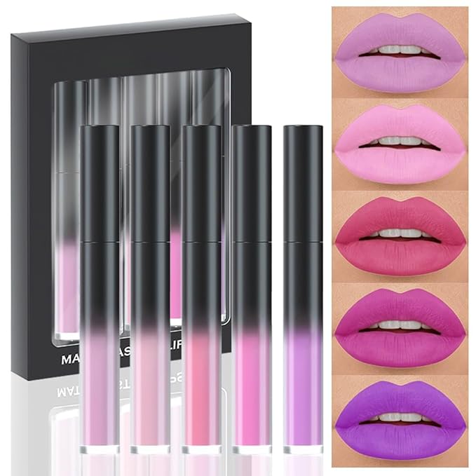 AMY'S DIARY Pink Purple Matte Plum Liquid Lipstick 5Pcs Sets,24-hour Lipstick Light Red Plum Red Lip Stain 24 Smudge Waterproof Matte Lipstick Lip Stain Gloss Long Lasting for Girl (Set01)