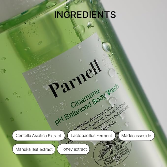 Parnell Cicamanu pH Balanced Body Wash - Centella Asiatica, Salicylic Acid, Ceramide, Mild Cleansing and Soothing for Sensitive, Troubled and Acne-Prone Body Skin and Back Acne (13.5 Fl Oz / 400ml)