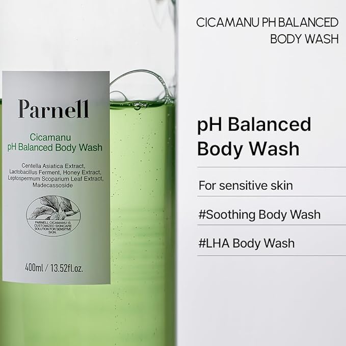 Parnell Cicamanu pH Balanced Body Wash - Centella Asiatica, Salicylic Acid, Ceramide, Mild Cleansing and Soothing for Sensitive, Troubled and Acne-Prone Body Skin and Back Acne (13.5 Fl Oz / 400ml)