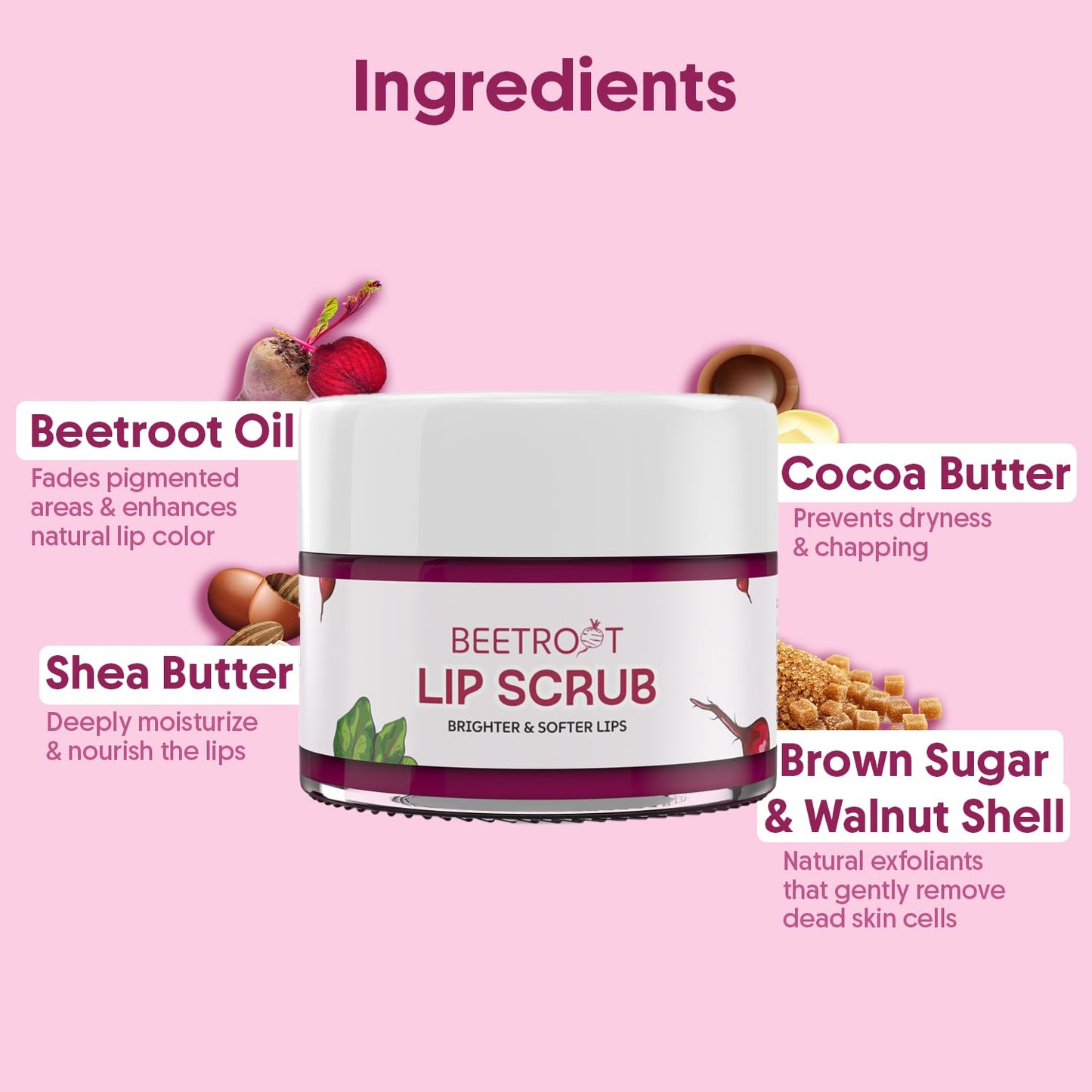 Aravi Organic Beetroot Lip Scrub with Shea Butter & Cocoa Butter – For Dark, Chapped & Pigmented Lips – Suitable for Men and Women - 0.5 FL Oz / 15gm