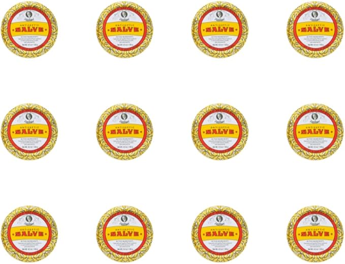 Rawleigh Antiseptic Salve Iconic Yellow Big Tin: 4.5 oz, Multi-Purpose Ointment Soothes Cuts, Bruises, Irritations, with Turpentine, Phenol, Cottonseed Oil & Paraffin, Original Formula - Pack of 12