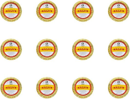 Rawleigh Antiseptic Salve Iconic Yellow Big Tin: 4.5 oz, Multi-Purpose Ointment Soothes Cuts, Bruises, Irritations, with Turpentine, Phenol, Cottonseed Oil & Paraffin, Original Formula - Pack of 12