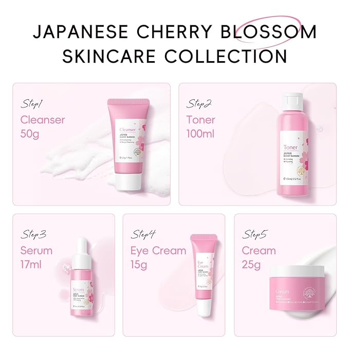 Cherry Blossoms Skin Care Sets, 5 PCS Routine Facial Skin Care for Women Teens Girls, Beauty Gifts Sets, Glow Up, Moisturizing, Even Skin Tone, for All Skin Type