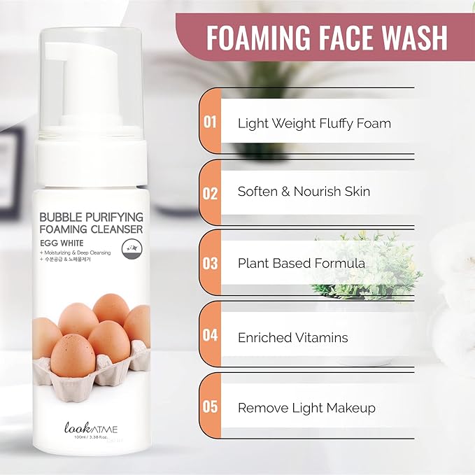 Korean Face Wash for Sensitive Skin - Water Based Bubble Skincare Cleanser - K Beauty Natural Acne Foaming Cleaner - Hydrating Skin Care Cleansing Foam with Low pH - Egg
