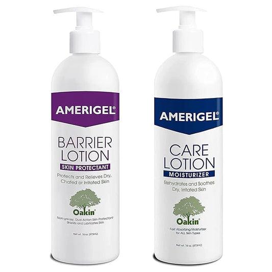 AMERIGEL Total Day & Night Skin Care Bundle - Barrier Lotion Skin Protectant Bottle With Pump (16 oz.) - Care Lotion Hypoallergenic Moisturizer Bottle With Pump (16 oz.)