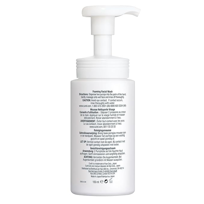 Curel Japanese Skin Care Foaming Daily Face Wash for Sensitive Skin, Hydrating Facial Cleanser for Dry Skin, pH-Balanced and Fragrance-Free, 5 Oz (Step 2 of 2-Step Skincare)