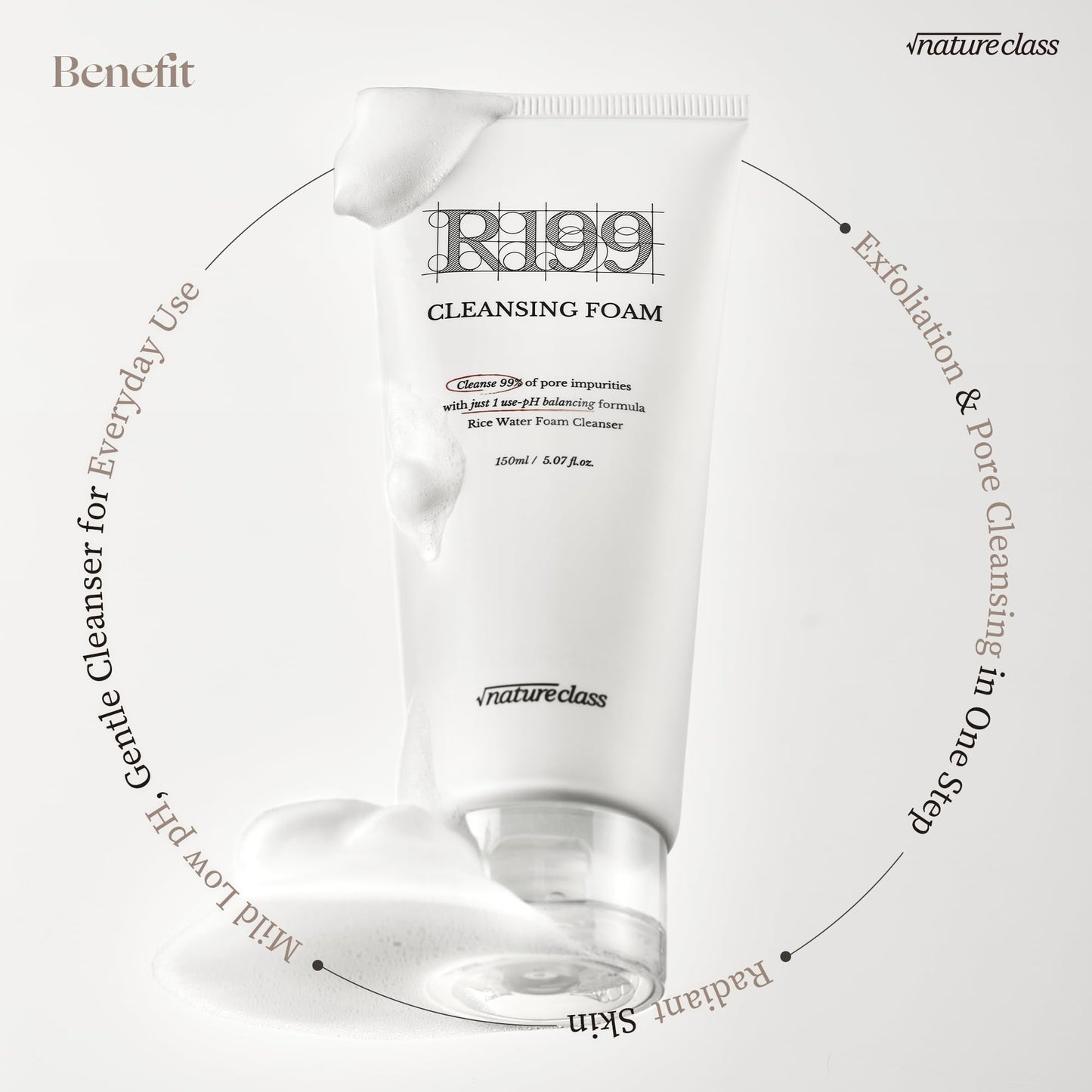 NATURECLASS R199 Gentle Cleansing Foam with Rice Bran Extract–Deep Cleansing,Exfoliating, Hydrating & Low pH Formula for Radiant Skin, Makeup Removal, Korean Skincare 5.07 fl.oz.