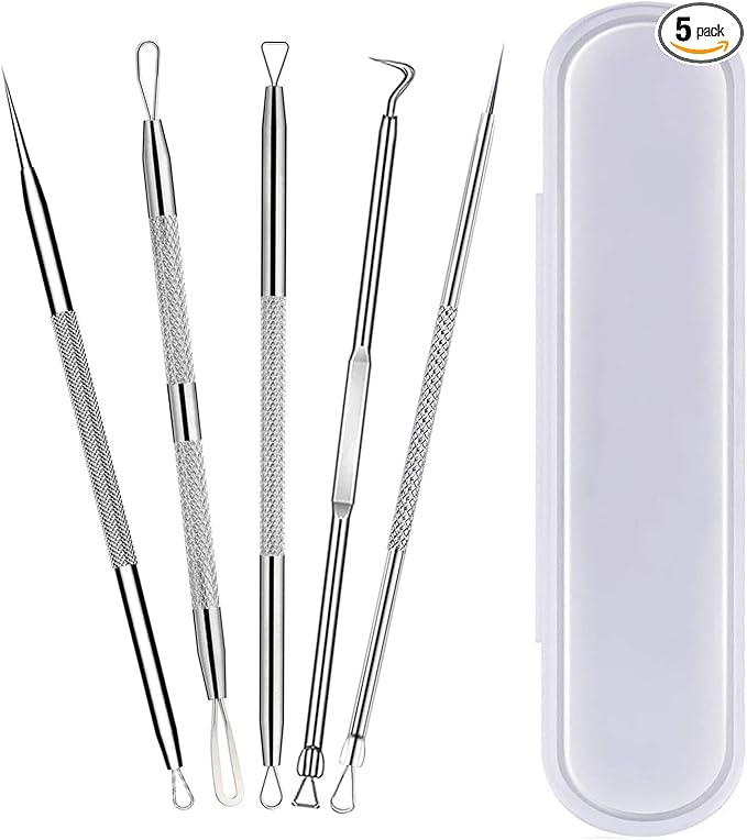 Pimple Popper Tool Kit,Blackhead Remover Tool 5 Pcs Blackhead Extractor Tool for Face Comedone Zit Acne Whitehead Blemish, Stainless Steel Extraction Tools Set