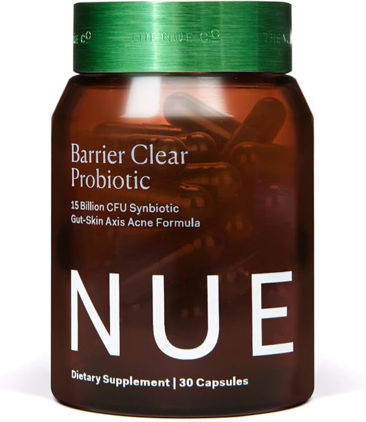 The Nue Co. Barrier Clear Probiotic, Gut-Skin Axis Acne Formula, for All Skin Types, 30 Capsules