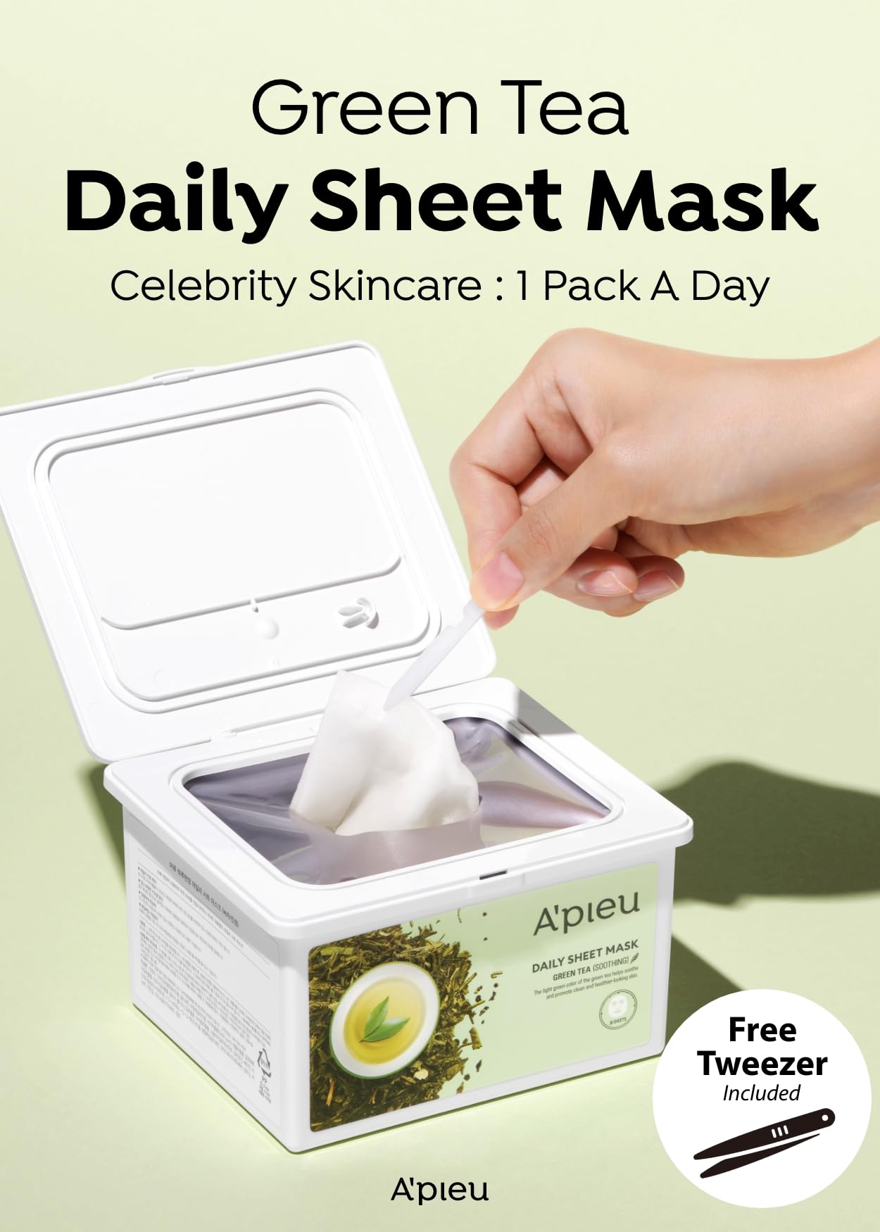 A'PIEU Daily Sheet Mask (Green Tea) - Moisturizing Korean Face Masks, 30-day supply, Lyocell fabric for comfort, Saturated with Green Tea Extract Essence
