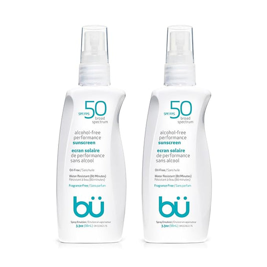 BU SPF 50 Sunscreen Spray for Face and Body, Fragrance Free, Clear Non Aeorsol, Non Greasy and Water Resistant (2-pack)