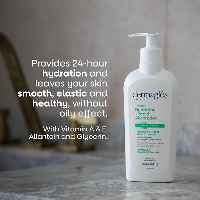Dermaglos Moisturizing Body Cream | Hydration + Rapid Absorption, 24Hour Duration | Daily moisturizer For all Skin Types Even Sensitive | With Vitamin A, Vitamin E, Allantoin, Glycerin | 10.58 Oz