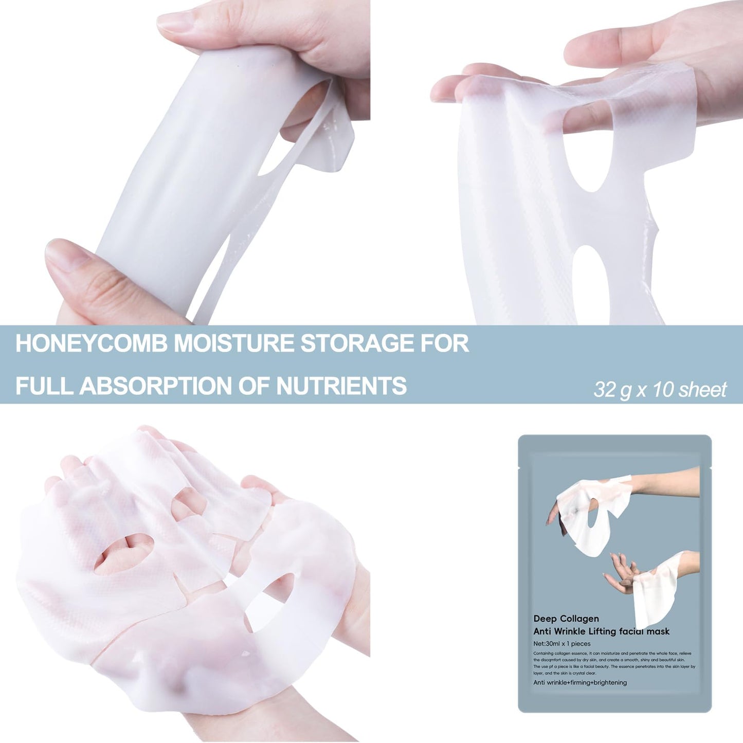 30ml Deep Collagen Anti-Wrinkle Lifting Mask (32g x 10 ae) – Facial sheet masks with low molecular weight collagen, Hydrate, Lift & Smooth Wrinkles for Travel & Daily Use, Korean Skin Care