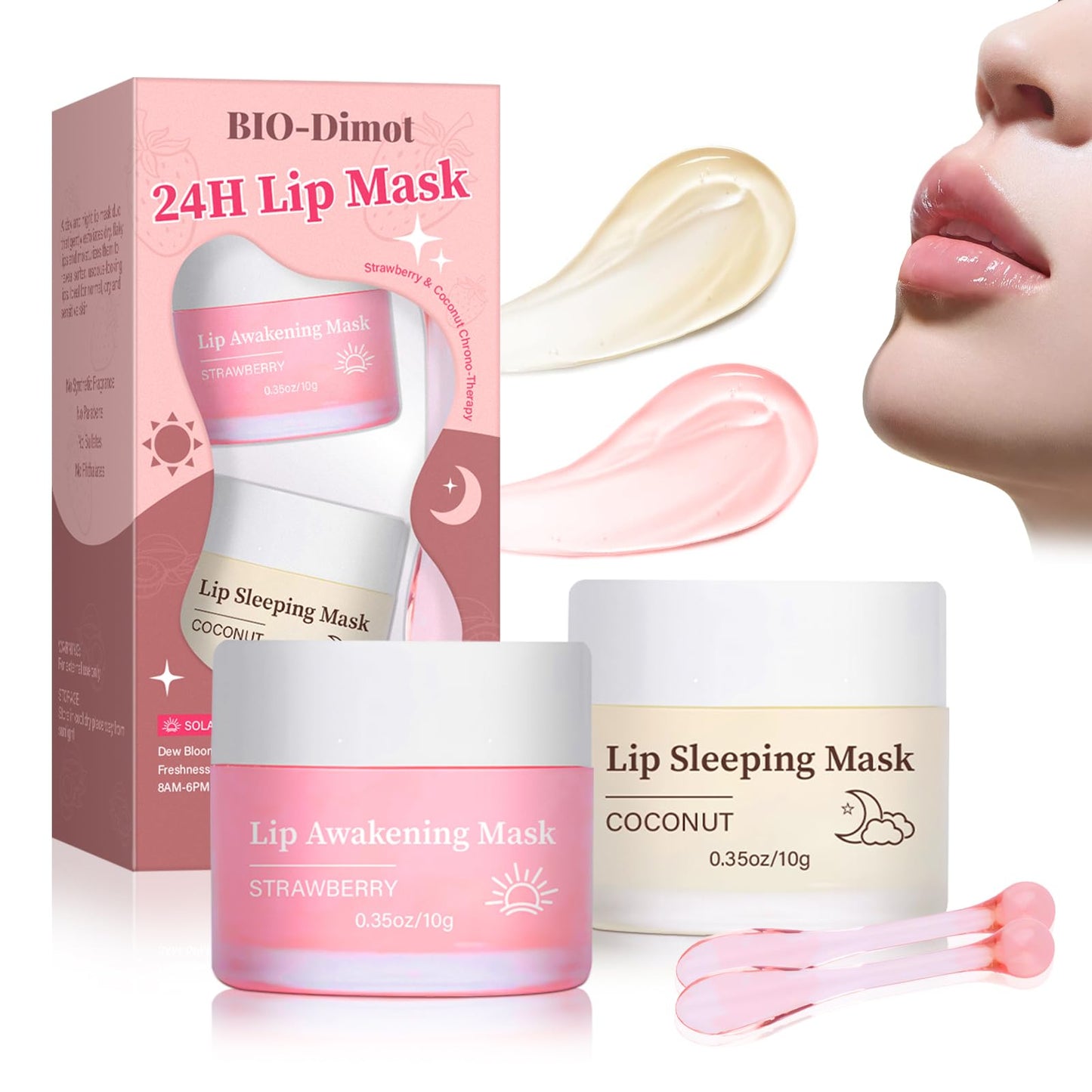BIO-DIMOT Lip Mask Overnight Set, Strawberry Overnight Lip Mask Care Kit, Sugar Exfoliator for Dark Lips, Lip Sleeping Mask with Silicone Brush, 0.7 oz/2-piece