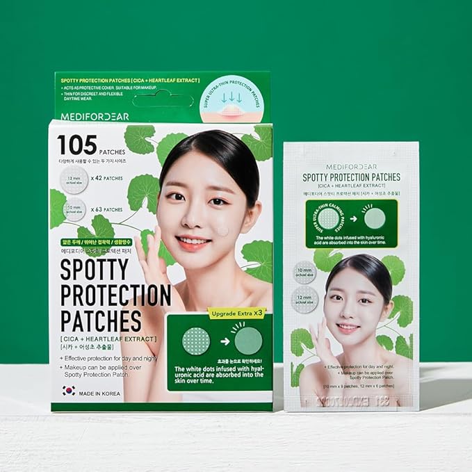 MEDIFORDEAR Spotty Protection Patches 105 Patches [Cica + Heartleaf], Ultra-Thin Hydrocolloid, 2 Sizes, Fast-Acting, Invisible Under Makeup