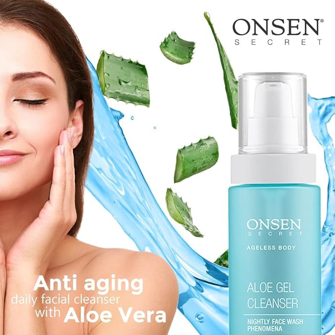 Onsen Secret Japanese Aloe Vera Face Wash - Premium Nightly Facial Cleanser for Makeup Removal, Heals Dry & Sensitive Skin, Hyaluronic Acid, Curry Leaf Oil, Vitamin C & E, Gel Cleanser