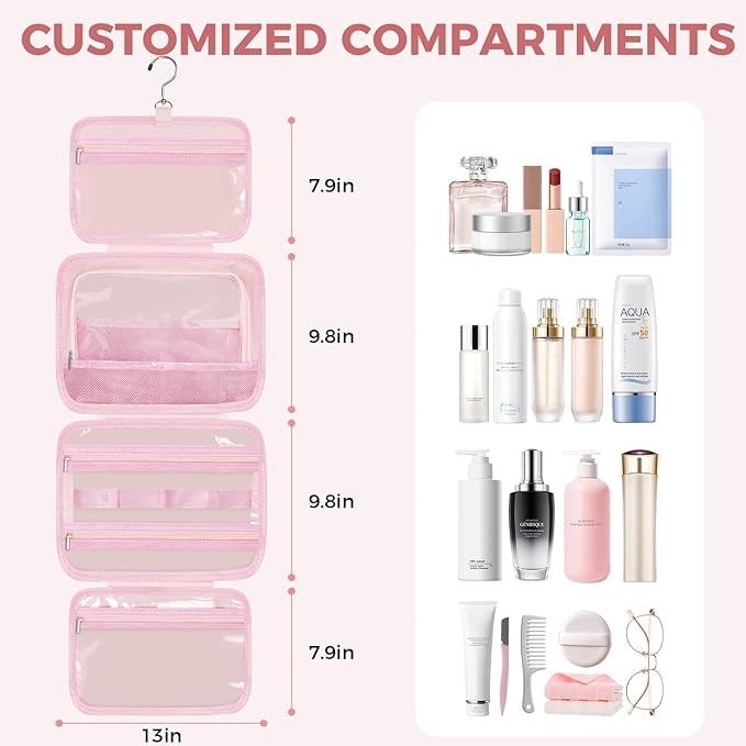 Toiletry Bag For women,Portable Hanging Organizer,4 Leakproof Compartment for full-sized Conditioner, Brushes Set, Makeup Accessories,Visible and easy to access.L-pink