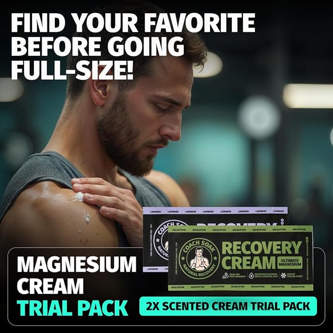 Coach Soak Magnesium Lotion Trial Pack - Magnesium Chloride & MSM Cream for Athlete Recovery - 0.02 Lb Each - Pack of 3 - Eucalyptus & Lavender Scent