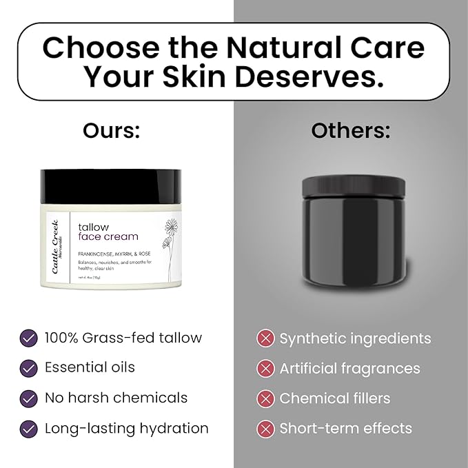 Cattle Creek Tallow Face Moisturizer - Whipped Beef Tallow for Face with Sweet Almond, Myrrh, Frankincense & Rose Oils – Grass-Fed Beef Tallow for Face Care, Hydration & Sensitive Skin (4oz)