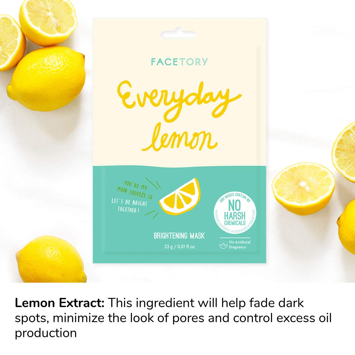 FACETORY K Beauty Face Mask Skin Care - Everyday LEMON Brightening Sheet Mask | Plant-Based with Lemon Extract (10 Pack)