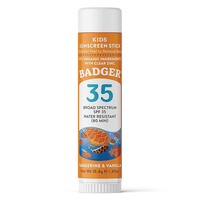 Badger Kids Sunscreen Stick SPF 35 with Mineral Zinc Oxide, Travel Size Sunscreen Stick for Kids, 97% Organic Ingredients, Reef Friendly, Broad Spectrum, Water Resistant, 65 oz