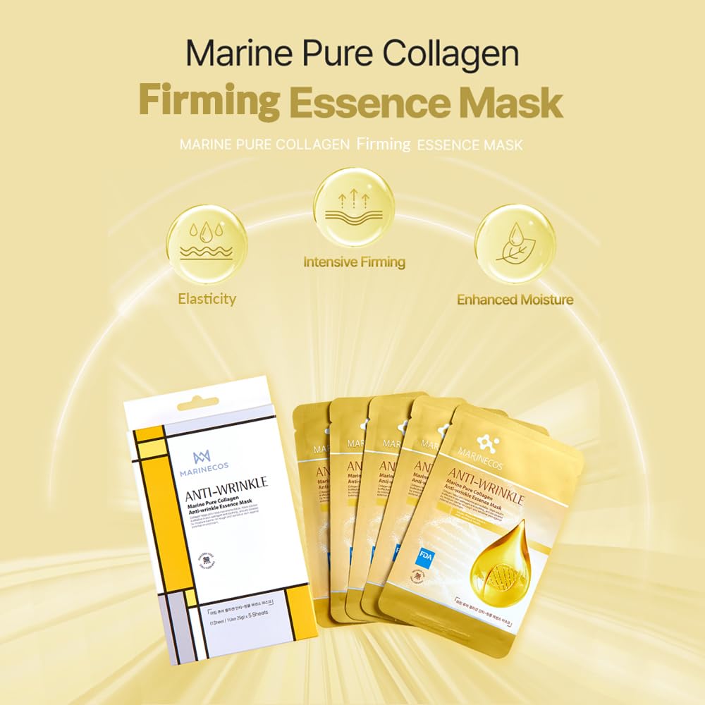ZIOSTAND Marine Collagen Gold Essence Mask ㅣ Firming Sheet for Skin Elasticity ㅣ Lifting Daily Skincare ㅣ Korean Youthful Glow Face Mask ㅣ 5 of Pack