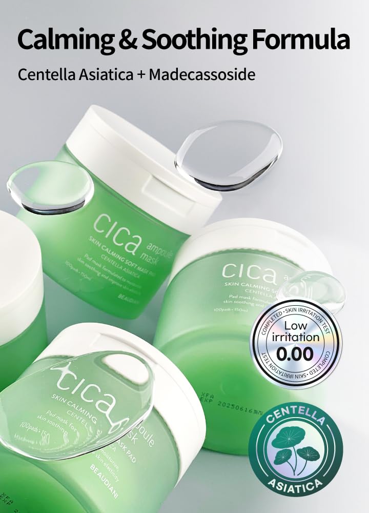 BEAUDIANI CICA Ampoule Toner Pads – 100 Pre-Soaked Facial Pads with Centella Asiatica, Hyaluronic Acid & Peptides | Korean Skincare for Sensitive Skin, Hydrating & Soothing