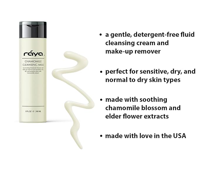 Raya Chamomile Facial Cleansing Milk 8 oz (152) | Gentle, Soap-Free Fluid Cleanser and Make-Up Removing Lotion for Dry and Sensitive Skin | Helps Calm Irritations and Refine Pores