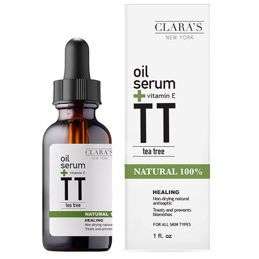 Clara’s New York 100% Natural Tea Tree Facial Oil Serum with Vitamin E – Lightweight, Non-Greasy, Acne & Redness Calming Face Oil for Blemish-Prone Skin – Vegan, Cruelty-Free – 30ml