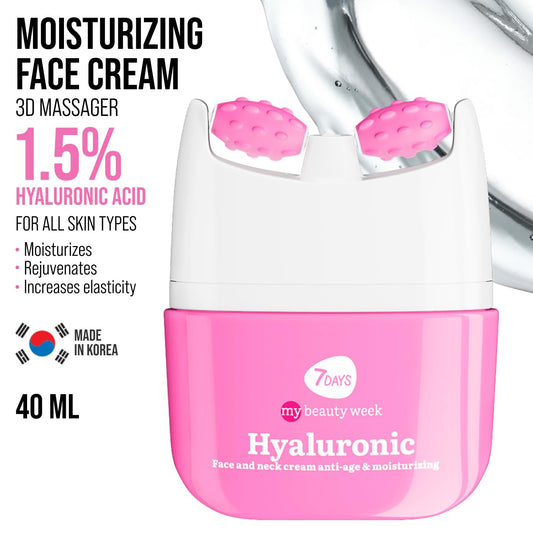 7DAYS Face Moisturizer with Hyaluronic Acid – Korean Skin Care Daily Face Cream for Women – Anti Aging, Anti-Wrinkle, Firming – with Face Roller & Neck Massager – 1.35 fl oz