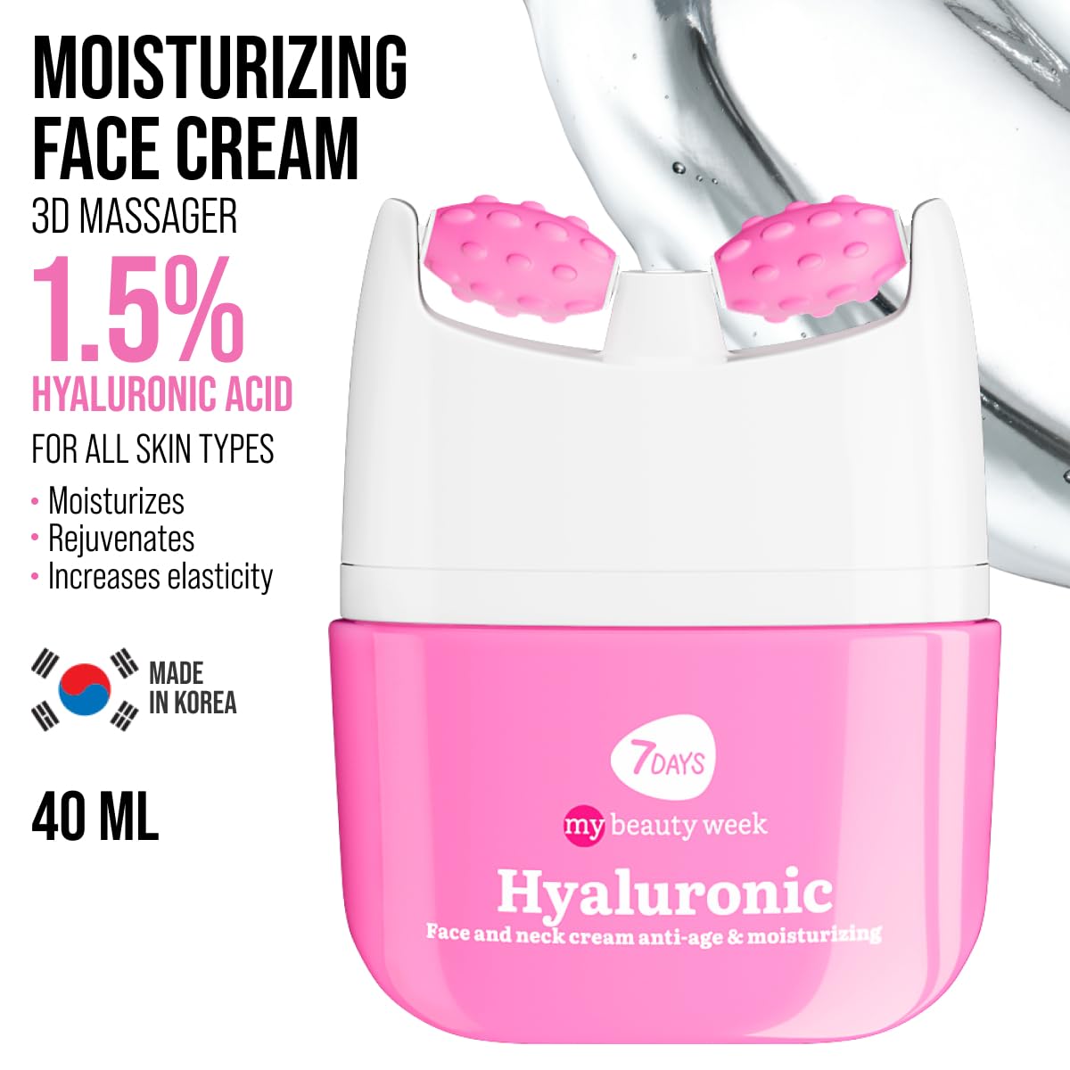 7DAYS Face Moisturizer with Hyaluronic Acid – Korean Skin Care Daily Face Cream for Women – Anti Aging, Anti-Wrinkle, Firming – with Face Roller & Neck Massager – 1.35 fl oz