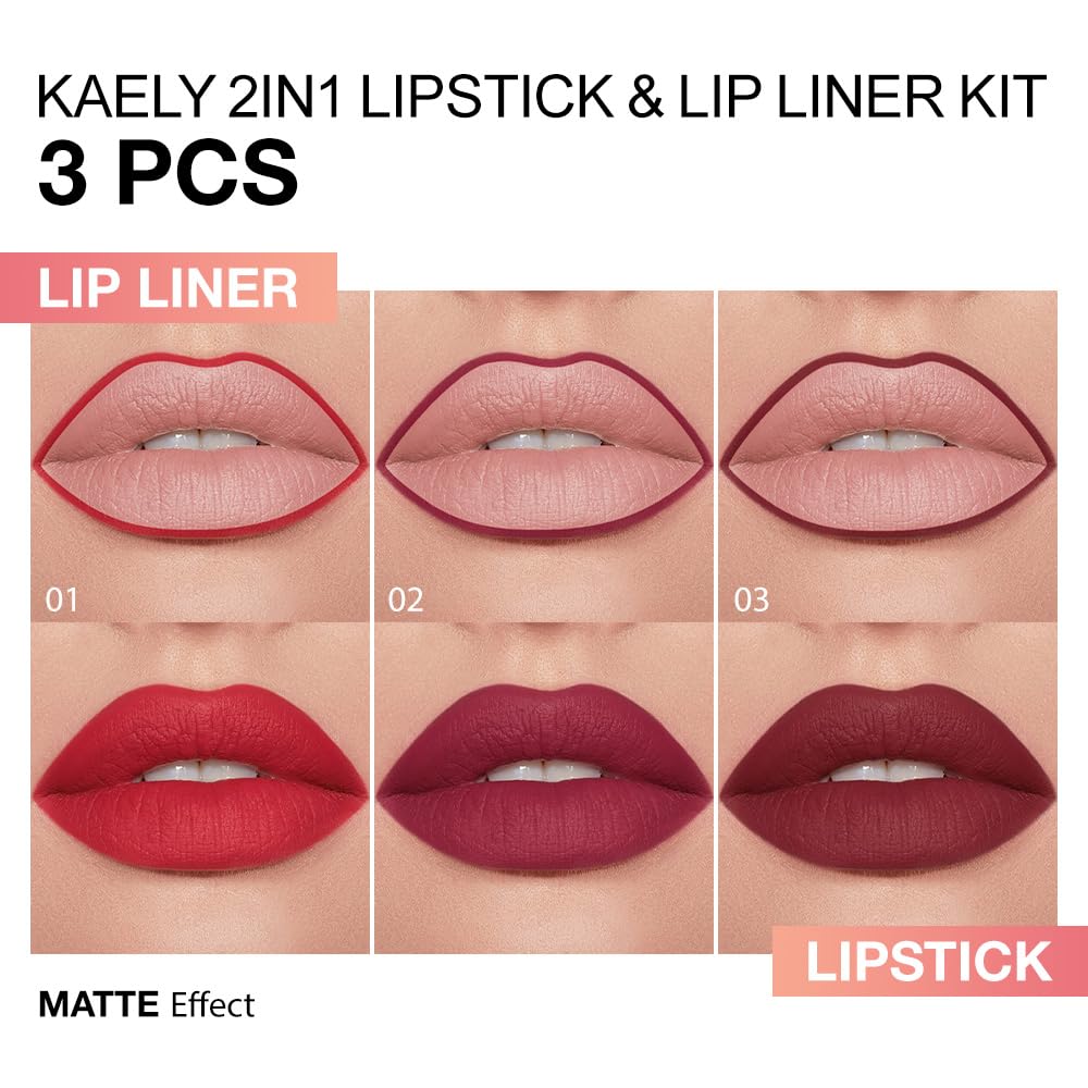 Kaely 3Pcs Gradient Matte Lipstick Lip Liner Pencil Set for Women, 2in1 Flawless Contour Gradual Ombre Effect Lip Pencil Makeup Waterproof, labiales mate 24 horas originales, 01+02+03