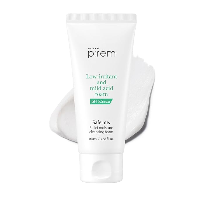 MAKE P:REM Safe Me. Relief Moisture Cleansing Foam, Delicate Eye-Friendly Face Wash, pH Balanced Deep Pore Cleansing, Korean Skin Care, 100ml, 3.38 Fl.Oz.