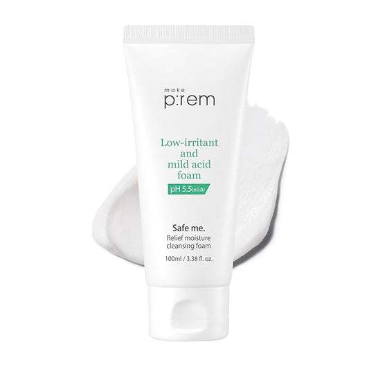MAKE P:REM Safe Me. Relief Moisture Cleansing Foam, Delicate Eye-Friendly Face Wash, pH Balanced Deep Pore Cleansing, Korean Skin Care, 100ml, 3.38 Fl.Oz.