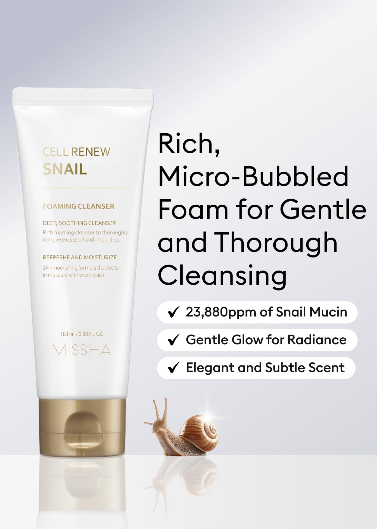 MISSHA Cell Renew Snail Foaming Cleanser 3.38 Fl Oz - Korean Skin Care Face Wash with Snail Secretion Filtrate, Deep Cleansing, Hydration Boost, Skin Elasticity, Creamy Texture, Moisture Lock