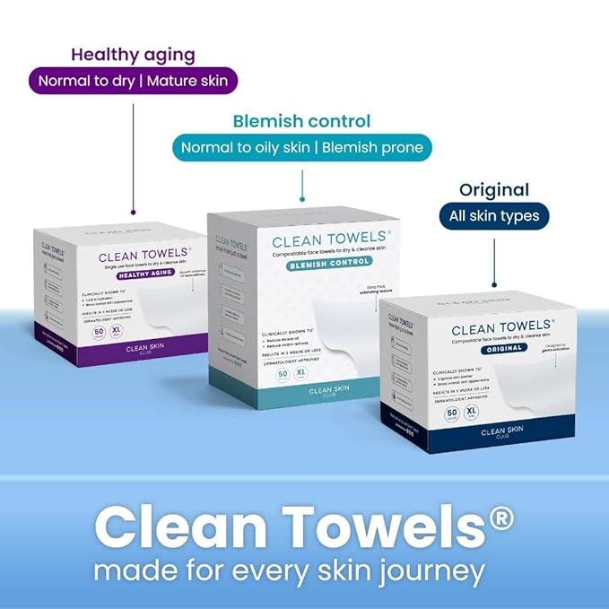 Clean Skin Club Clean Towels XL™️, 100% USDA Biobased Face Towel, Disposable Face Towelette, Eczema Association Accepted, Makeup Remover Dry Wipes, Ultra Soft, 150 Ct, 3 Pack