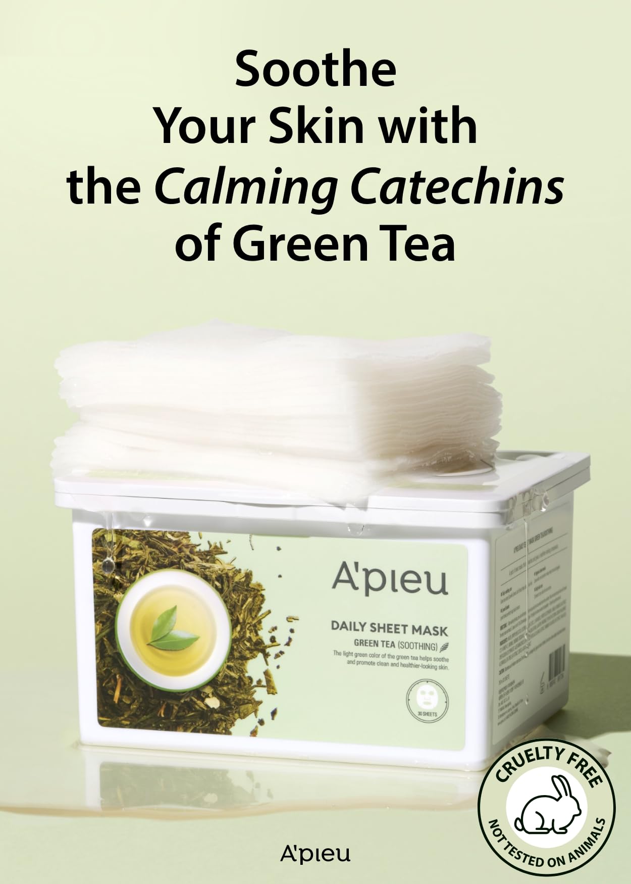 A'PIEU Daily Sheet Mask (Green Tea) - Moisturizing Korean Face Masks, 30-day supply, Lyocell fabric for comfort, Saturated with Green Tea Extract Essence