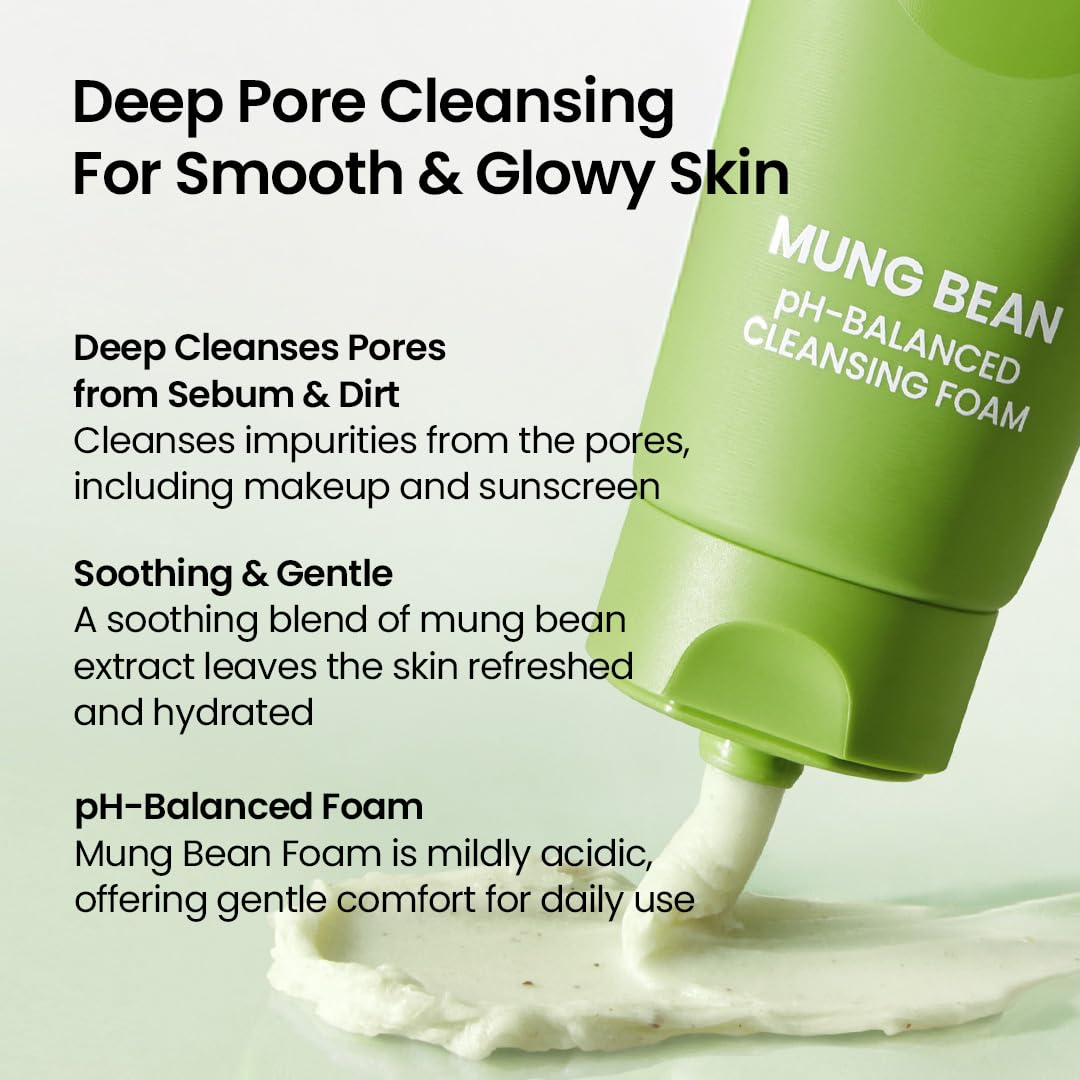 beplain Mung Bean pH-Balanced Cleansing Foam (2.7fl.oz/80ml) | Fragrance-Free | Non-Comedogenic Tested | Deep Pore Facial Cleanser | Suitable for Sensitive Skin | Face Mask Cleanser | Korean Skincare