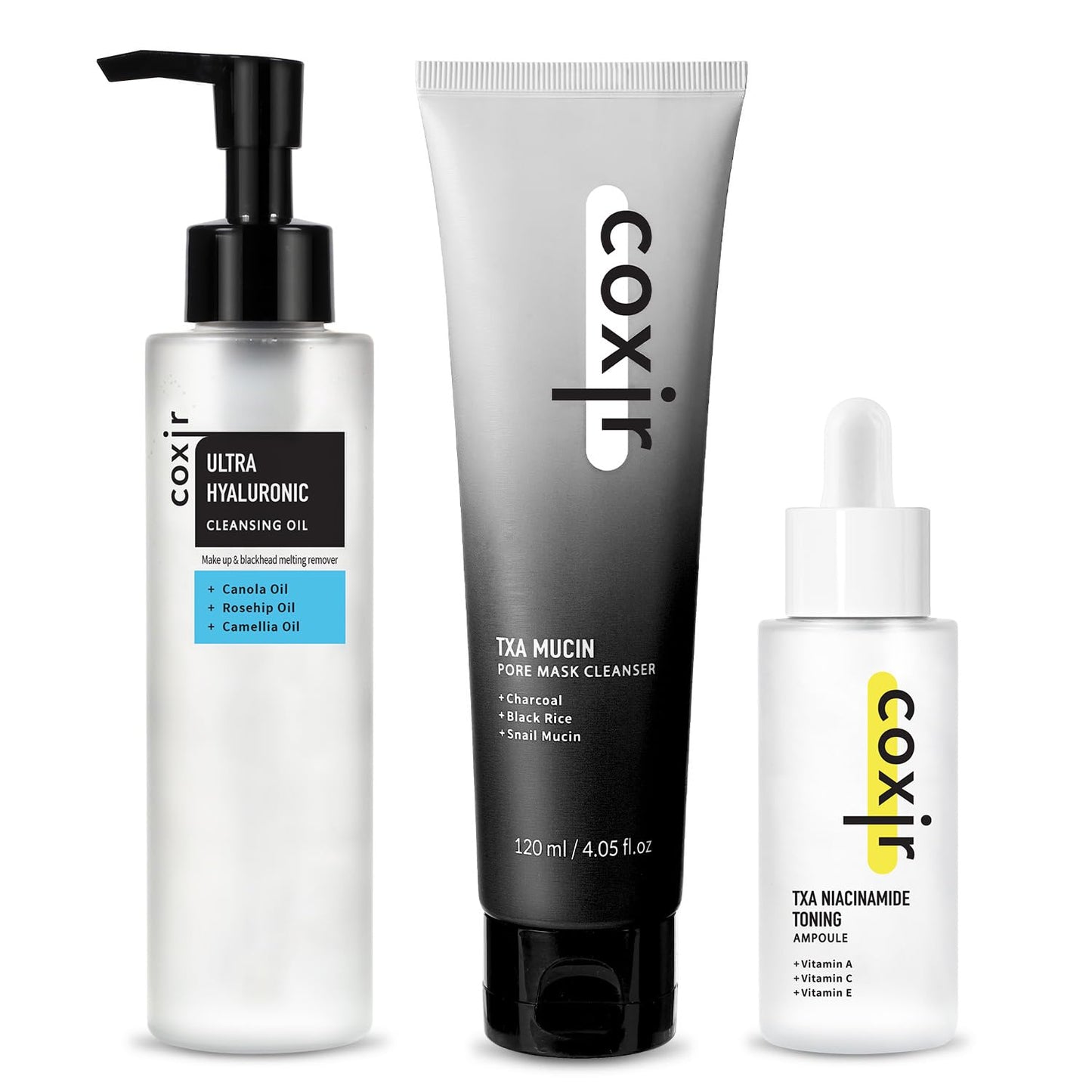 coxir Korean Skincare Set – 3-Step Glow Routine with TXA Mucin Pore Mask, Black Rice Mochi Cleanser & TXA Niacinamide Ampoule – Pore Care, Toning up & Hydration – K-Beauty Face Kit