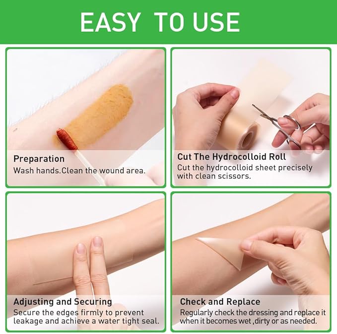 Hydrocolloid Bandages,Hydrocolloid Roll for Wound Care Large hydrocolloid Bandages Patch with Self-Adhesive Waterproof Ultra Absorbent Flexible DIY Size & Shape First Aid Kit Essential (2in*12ft)