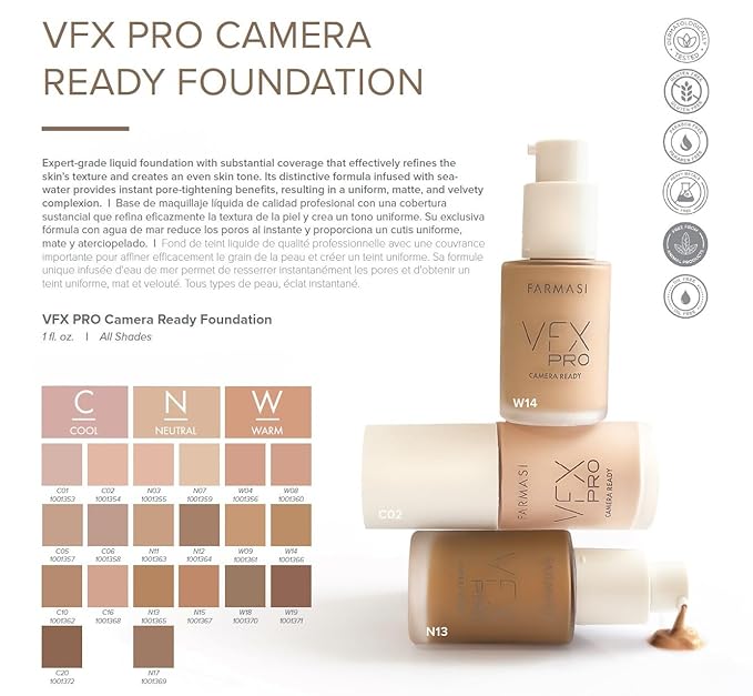 FARMASi Vfx Pro Foundation, Full Coverage Liquid Cream, Medium 13 30 ml