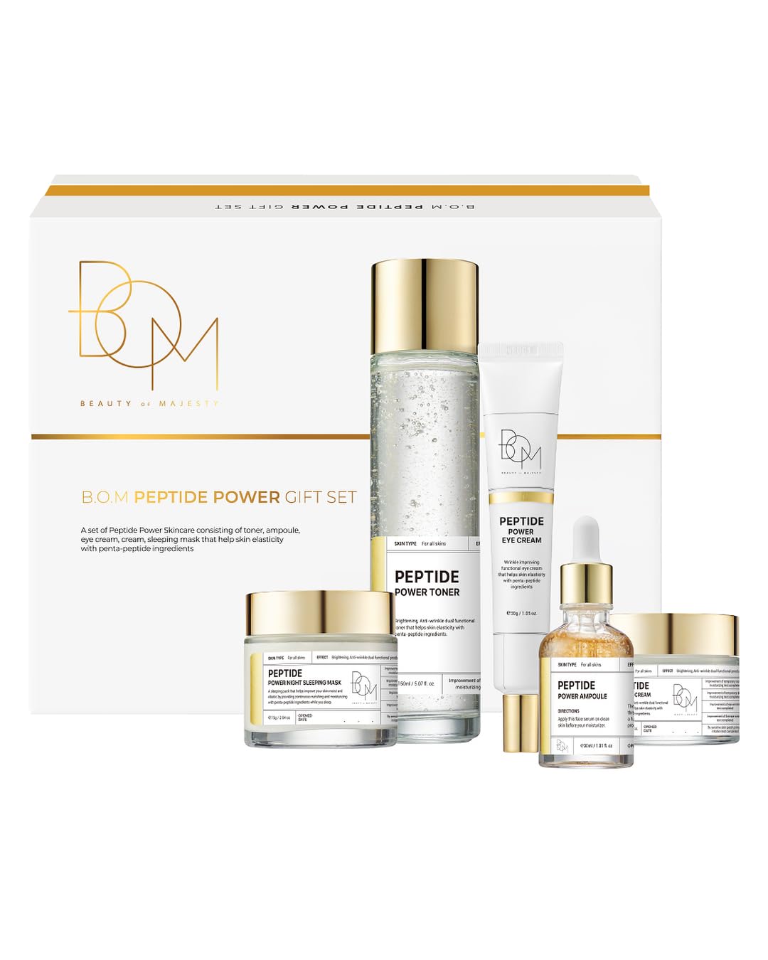 BOM COSMETICS A Set of Peptide Power Skincare With 5 Kinds of Items (Toner, Ampoule, Cream, Eye Cream, Sleeping Mask), 24K Gold & Pentapeptide for Skin Collagen Boost, Korean Skincare