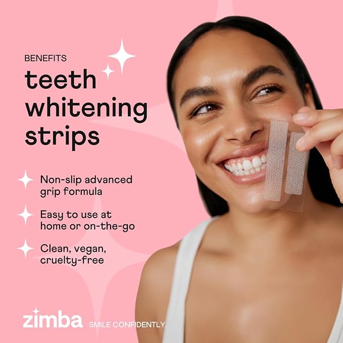 Zimba Teeth Whitening Strips Vegan Whitening Strip Enamel Safe Teeth Whitening Hydrogen Peroxide Teeth Whitener for Coffee, Wine, and Other Stains, 28 Strips (14 Day Treatment), Peach