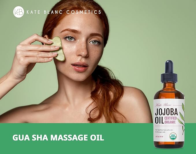 Kate Blanc Cosmetics Jojoba Oil for Hair, Face & Skin. Gua Sha Oil for Face Massage and Dermaplaning (4oz, Organic, 100% Pure, Natural)