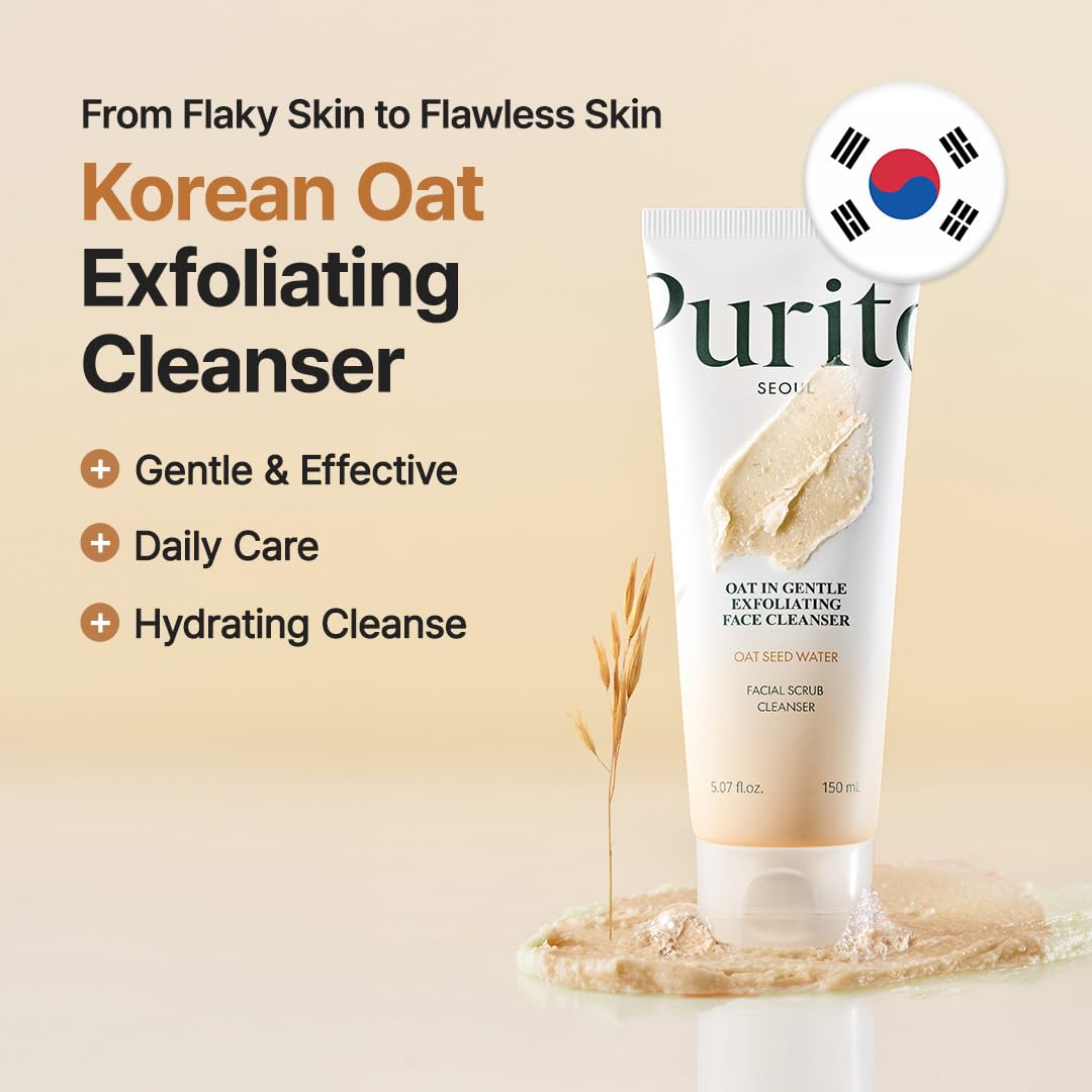 Purito Oat Exfoliating Facial Polish Cleanser - Hydrating Daily Face Wash with Gentle Scrub Clay Pore Minimizing Panthenol, Oat Seed Water Vegan, Non-comedogenic Korean Skin Care 5.07 fl.oz