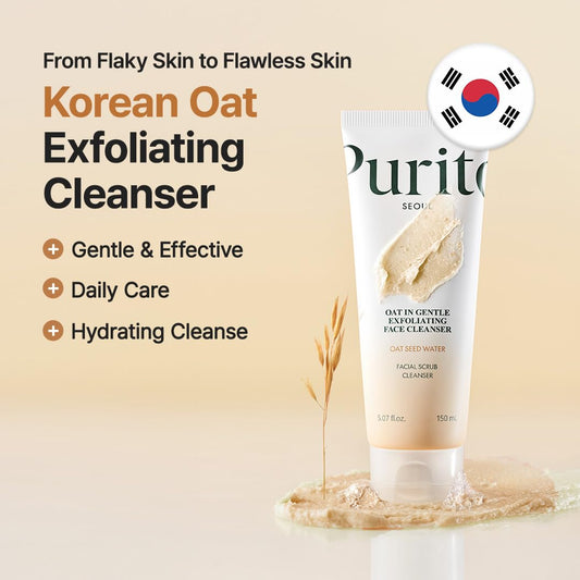 Purito Oat Exfoliating Facial Polish Cleanser - Hydrating Daily Face Wash with Gentle Scrub Clay Pore Minimizing Panthenol, Oat Seed Water Vegan, Non-comedogenic Korean Skin Care 5.07 fl.oz