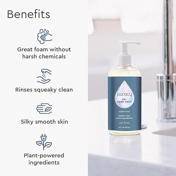 Puracy Gel Hand Soap - Perfect Skin, Pure Ingredients - with 15+ SuperPlant Ingredients for Clean, Soft, Smooth Skin, 99.09% from Mother Nature, Gently Scented Hand Wash, Ocean Mist, 12 Ounce (2-Pack)