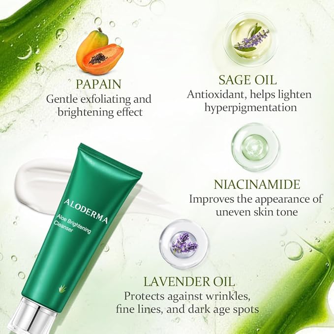 Aloderma Skin Brightening Face Cleanser Made with Organic Aloe Vera - Natural Brightening Daily Face Wash with Niacinamide & Papaya for Radiant Skin Tone - Natural Formula for Everyday Use, 4.2oz