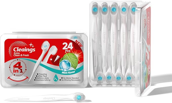 cleaings® Disposable Toothbrushes with Toothpaste Mini Travel Oral Care, 4-in-1 (Mini Brushes+Toothpaste+Tongue Scraper+Pick) Portable for Work,Camping Essentials(Mint), 24 Count (Pack of 1)